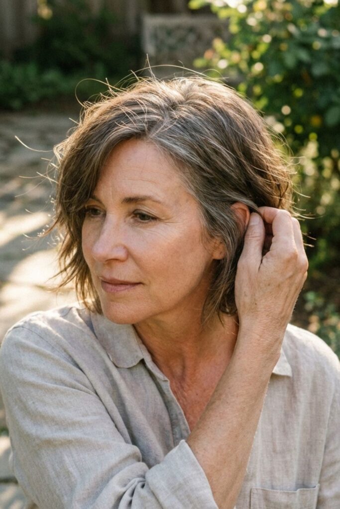 Thoughtful middle-aged woman touching her hair in a peaceful garden walkway