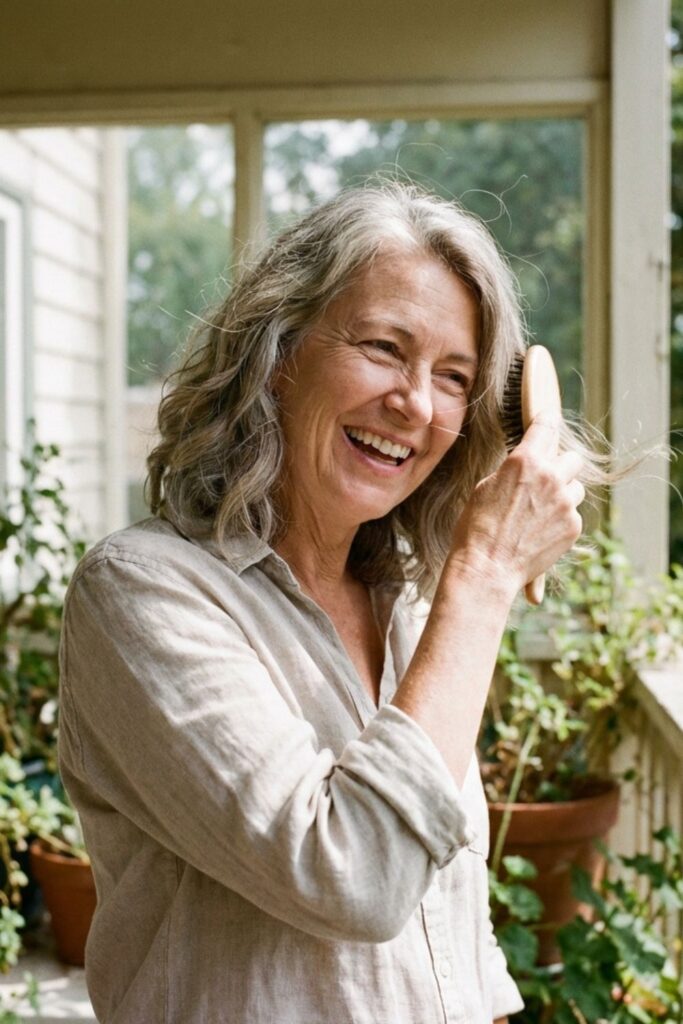 Mature woman brushing her hair on a cozy porch surrounded by plants