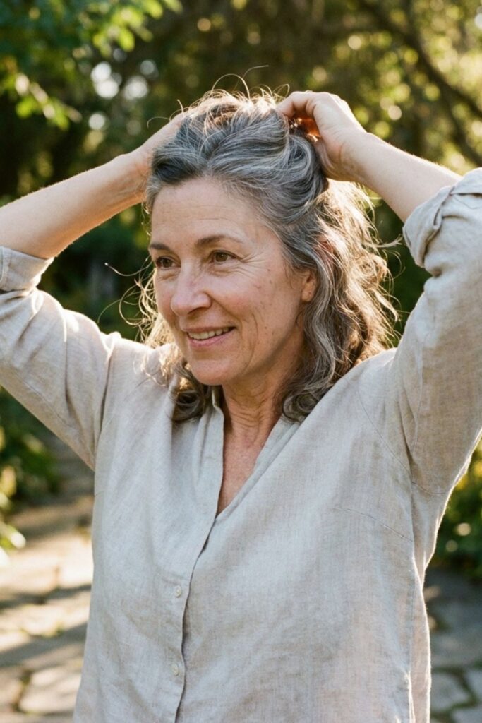 Woman over 50 tying her hair in a ponytail outdoors in a sunlit garden