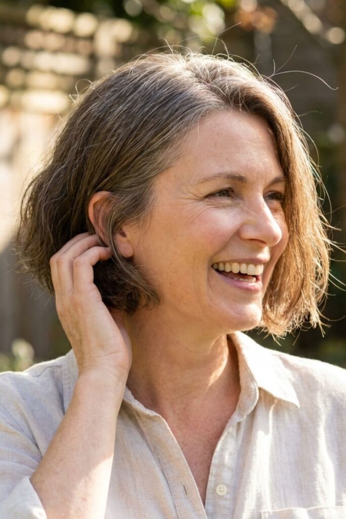 Woman over 50 tying her hair in a ponytail outdoors in a sunlit garden