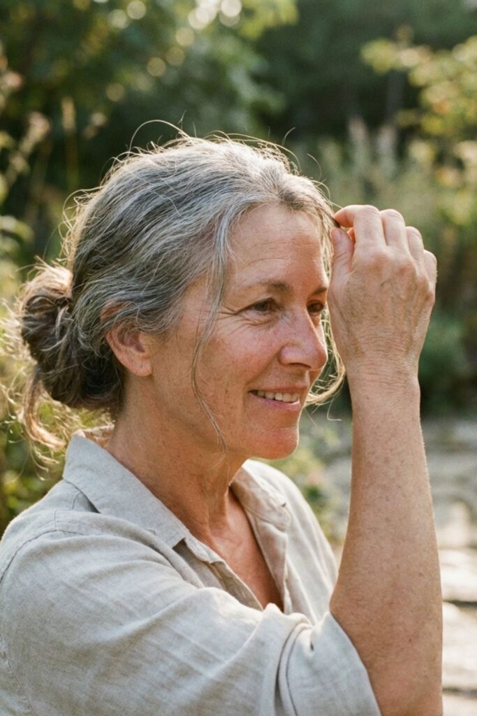 Woman over 50 with gray hair in a bun standing in a sunny garden path