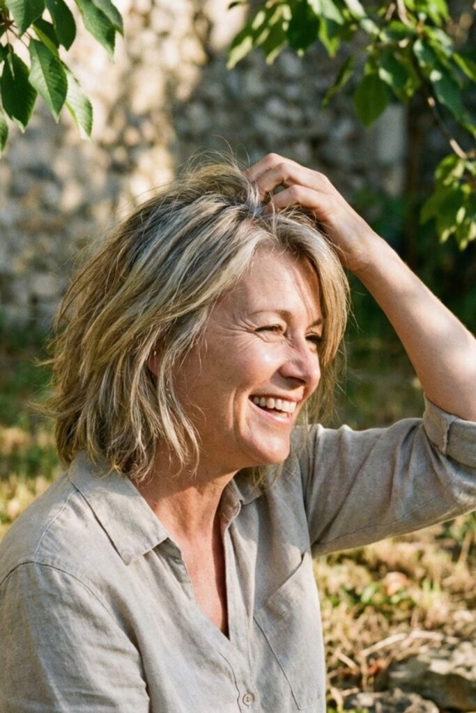 Happy middle-aged woman with layered gray hair touching her hair outdoors