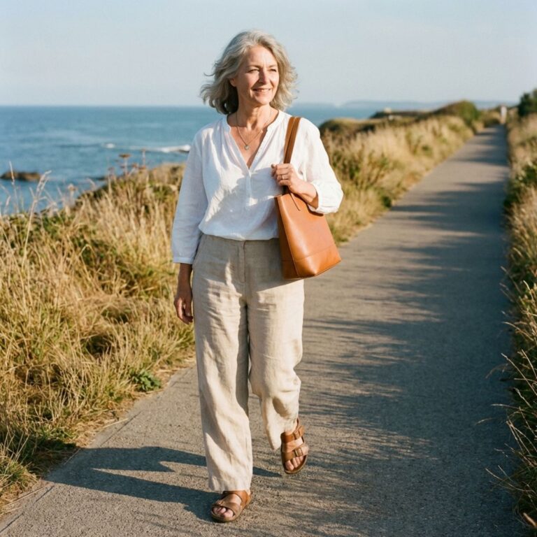 Woman walking by the sea with tote bag