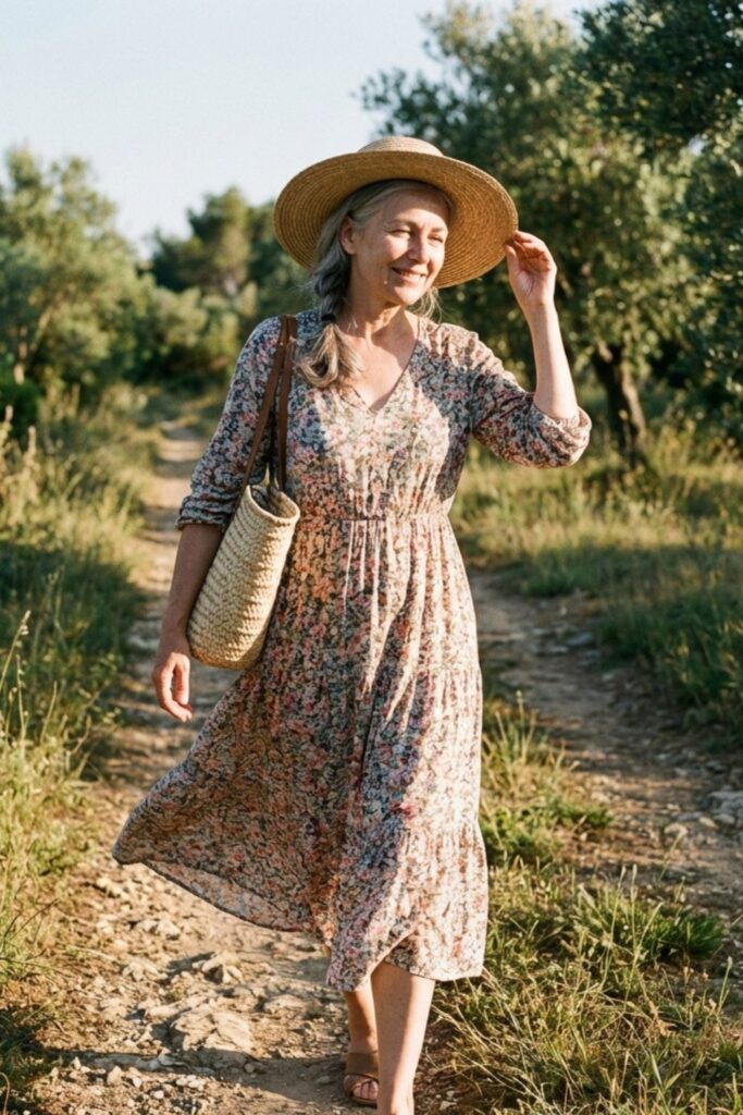 A woman walks along a garden path wearing a floral printed midi dress, a wide-brim straw hat, and a wicker bag for a seasonal warm-weather look.