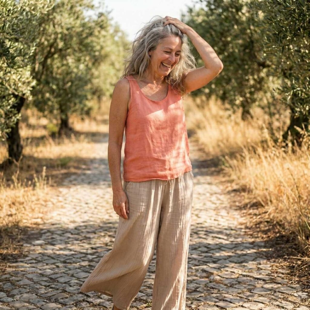 A woman walks along a sunny path wearing a coral sleeveless top and wide-leg beige pants, creating a relaxed and airy outfit.