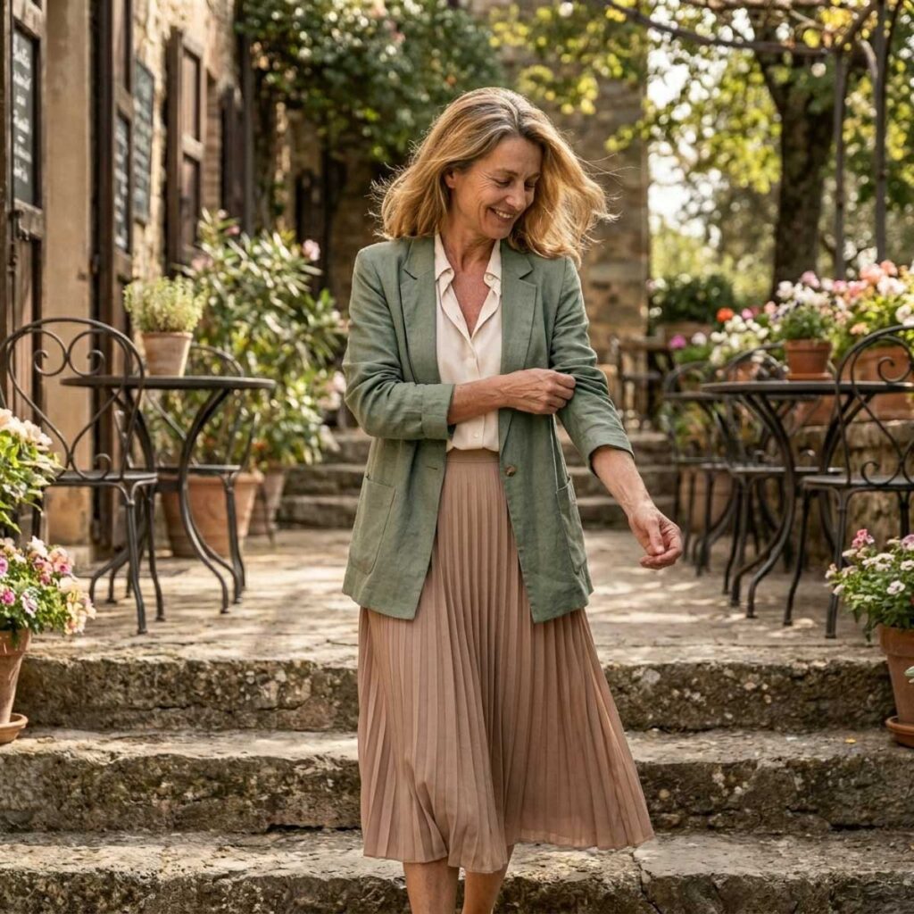 A woman walks through an outdoor café setting wearing a green blazer over a blouse and a pleated midi skirt, styled for a refined casual outfit.