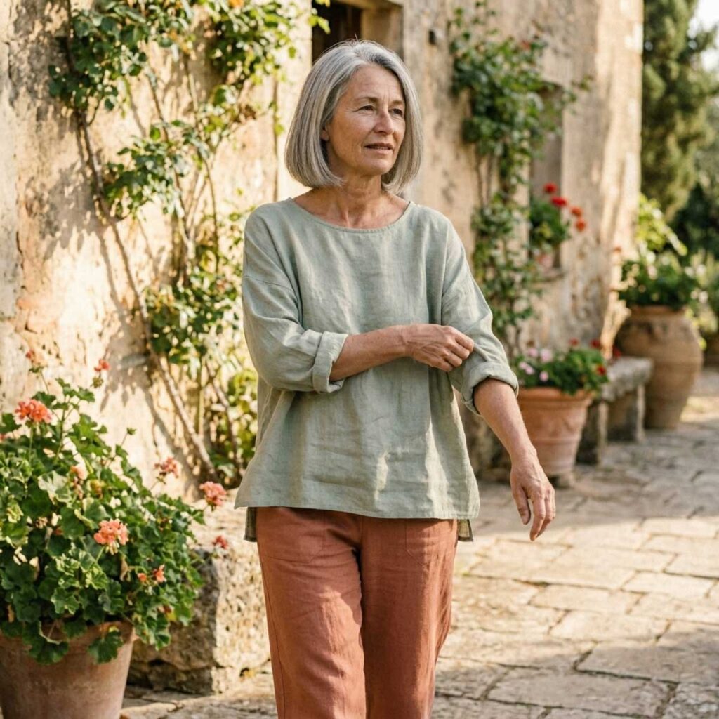 A woman stands outdoors near a stone wall in a soft green linen top and rust-colored pants, styled for an easy warm-weather outfit.