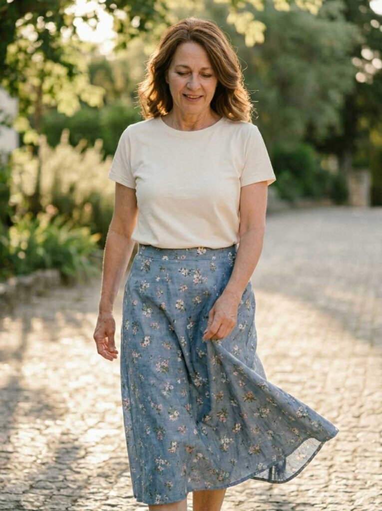 A woman walks along a sunlit path wearing a beige T-shirt tucked into a flowy blue floral midi skirt, creating a relaxed warm-weather outfit.