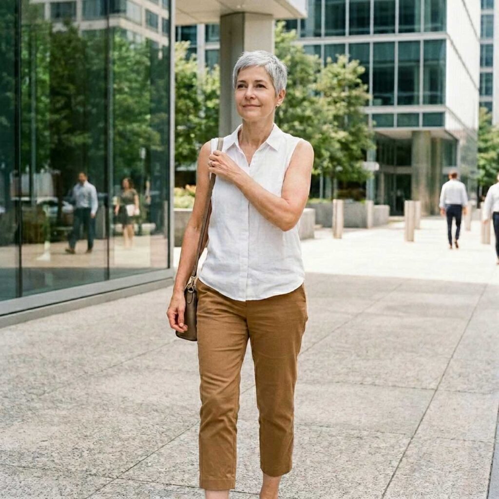 A woman walks through a modern city setting wearing a sleeveless white blouse and cropped tan pants, paired with a shoulder bag for a clean, practical outfit.