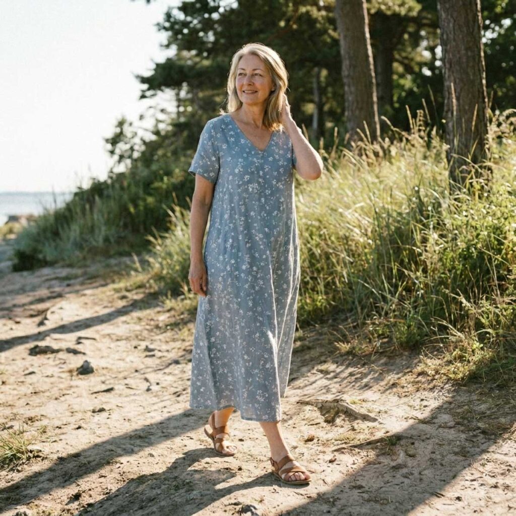 A woman strolls along a sandy path in a light blue printed maxi dress and flat sandals, creating a breezy warm-weather look.