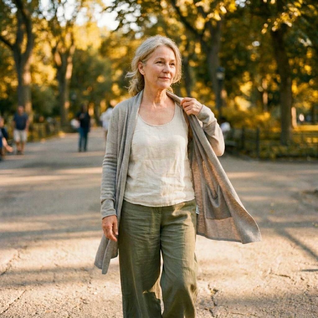 A woman walks through a park wearing a neutral tank top, olive pants, and a lightweight cardigan draped over her shoulders for a casual layered outfit.