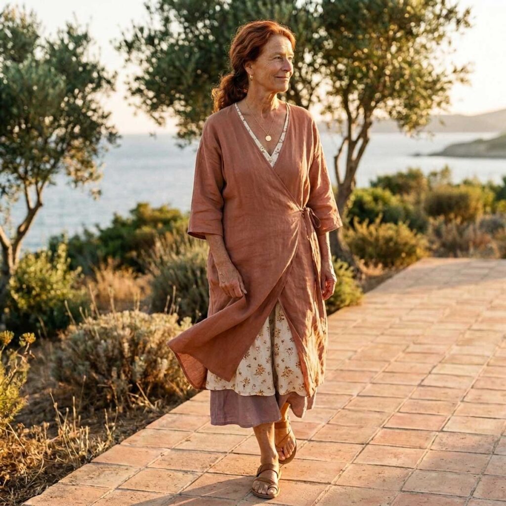 A woman walks near a coastal setting wearing a soft wrap-style dress in earthy tones, paired with simple sandals for an effortless outfit.