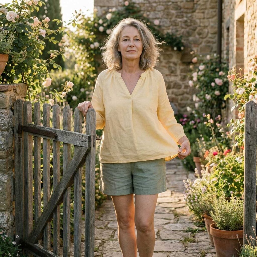 A woman stands in a garden wearing a light yellow blouse and green shorts, styled as a comfortable warm-weather outfit for everyday wear.