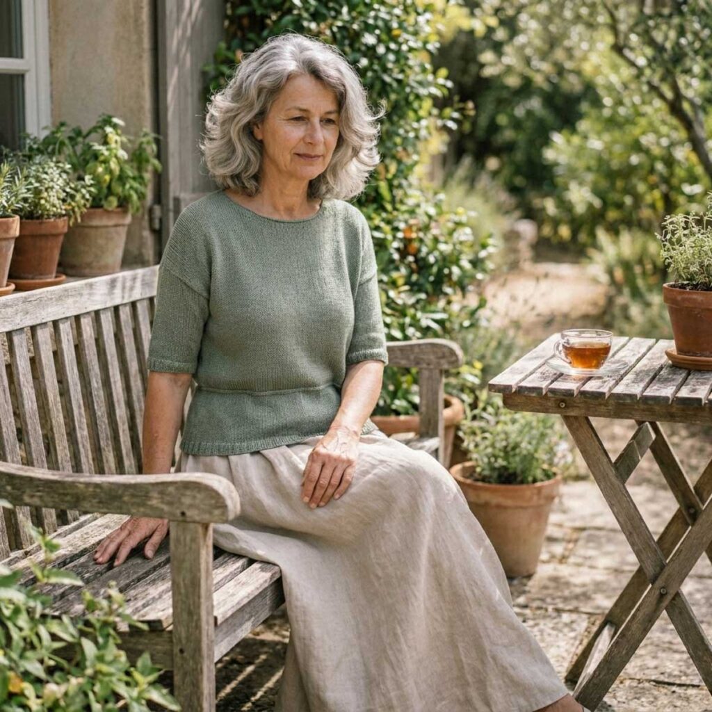 A woman sits on a wooden bench wearing a soft green knit top and a light linen skirt, creating a calm and comfortable outdoor outfit.