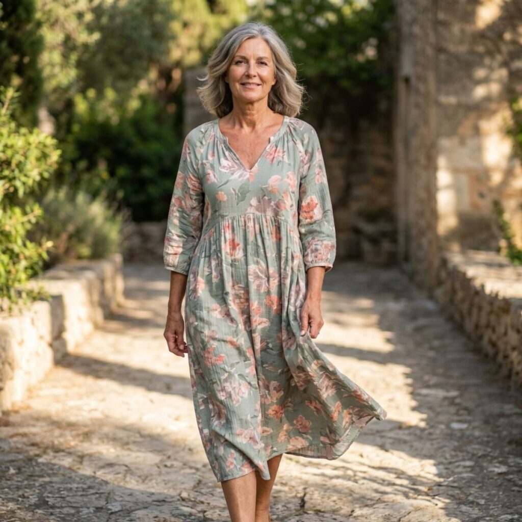 Older woman in a soft green floral dress walking along a stone path in a garden setting.