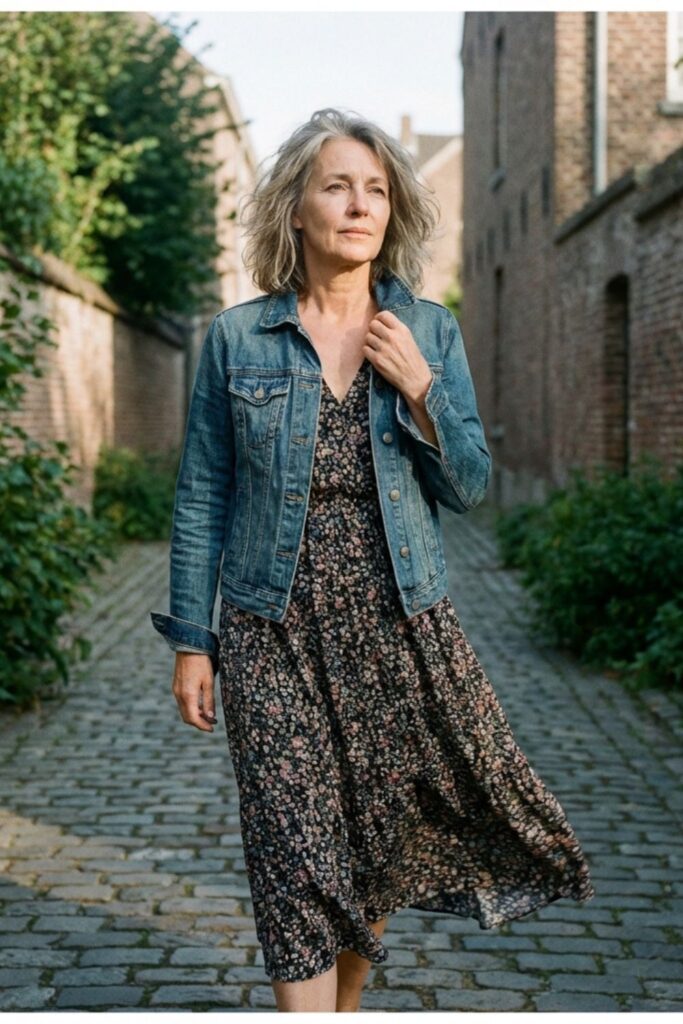 Older woman in a dark floral dress layered with a denim jacket walking on a cobblestone path.