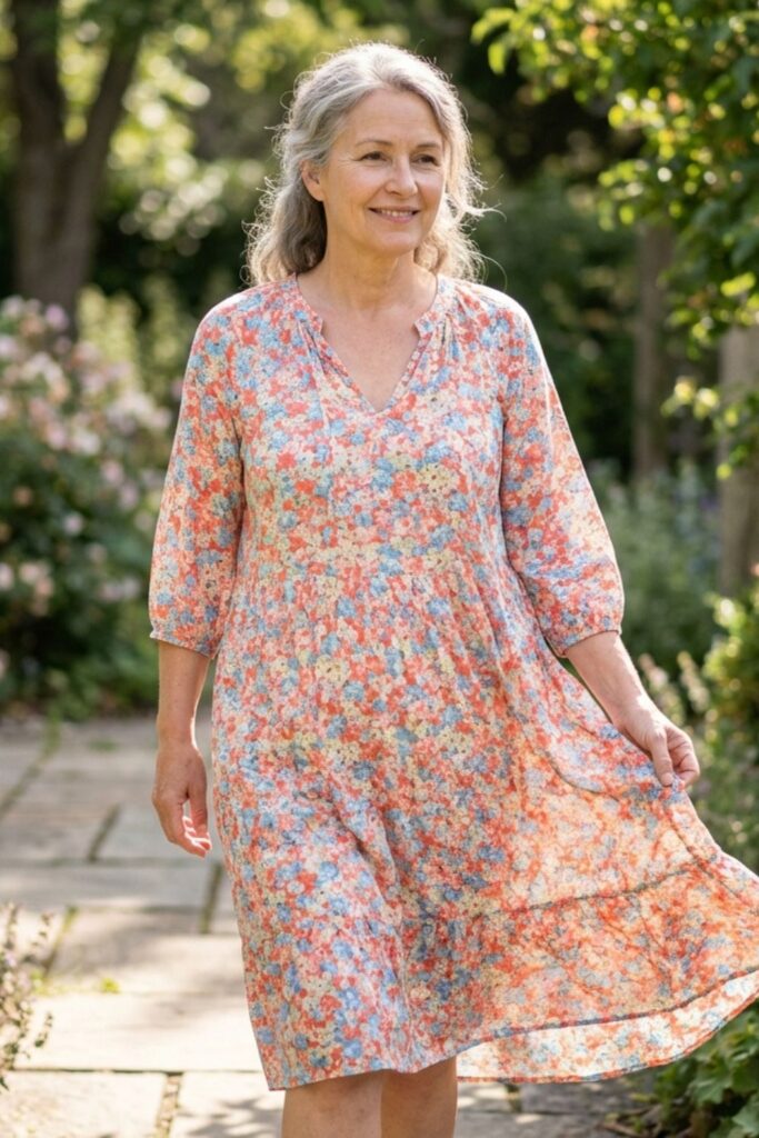 Older woman in a soft multicolor floral midi dress walking through a sunlit garden path.