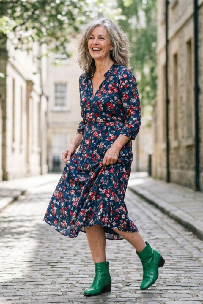 Older woman in a navy floral dress with green ankle boots walking confidently on a cobblestone street.