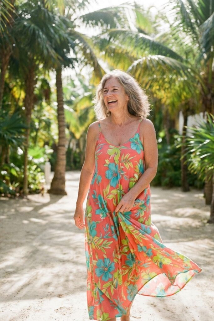 Older woman in a bright coral floral maxi dress walking along a tropical palm-lined path.