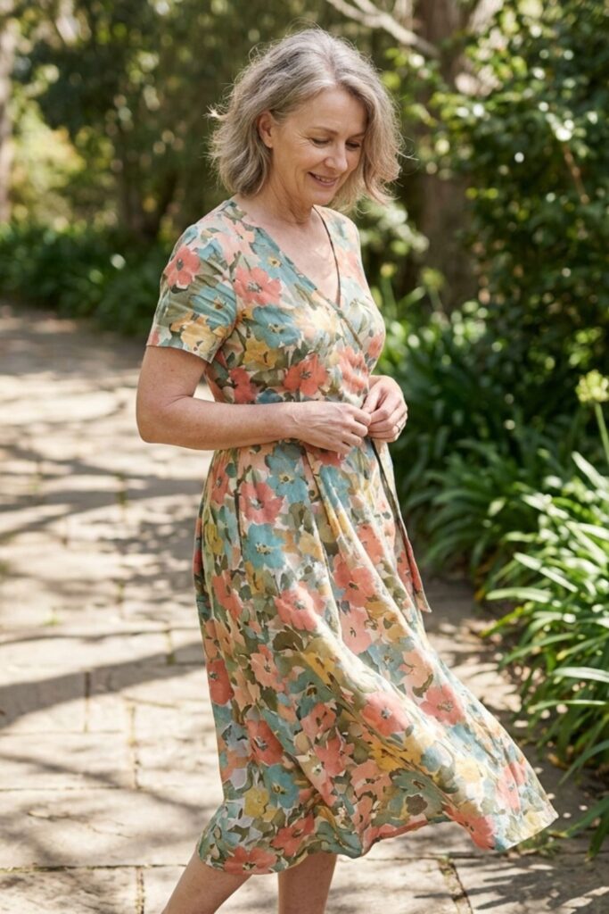 Older woman in a soft pastel floral wrap dress walking along a sunlit garden path.