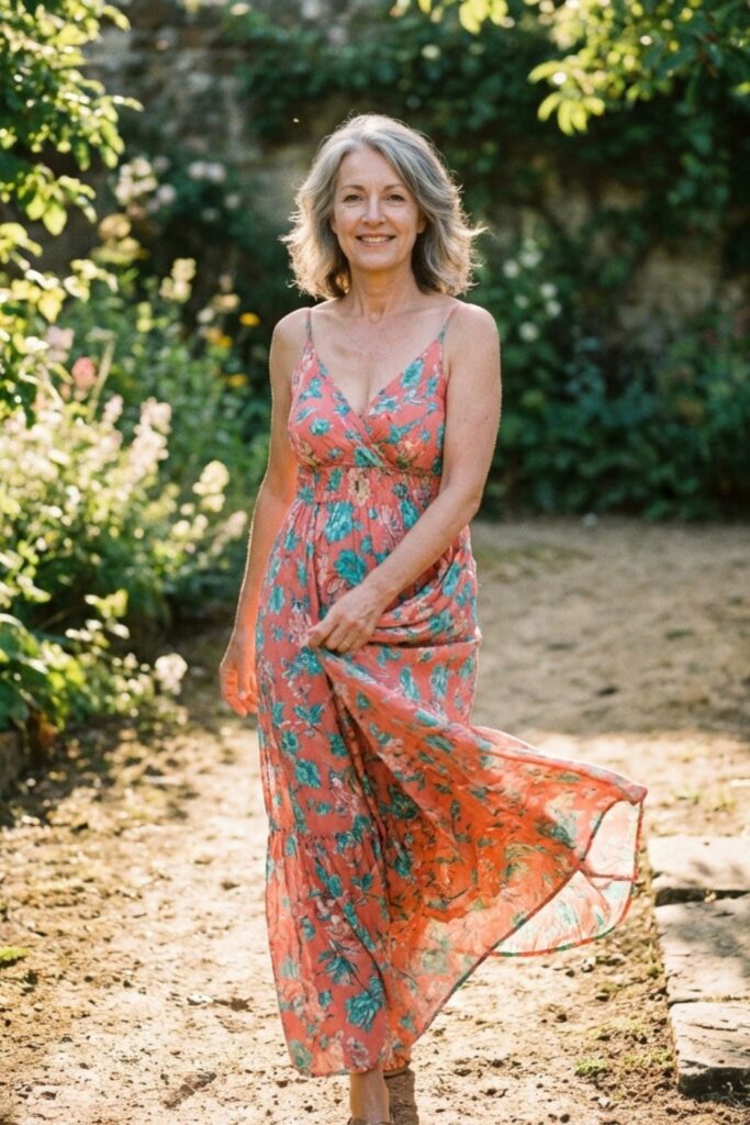 Older woman in a coral floral maxi dress walking outdoors on a warm day.