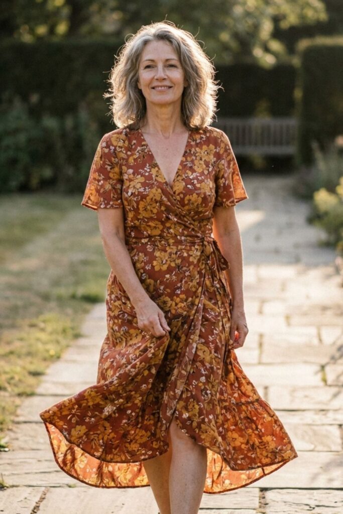 Older woman in a rust-toned floral wrap dress walking through a landscaped garden.