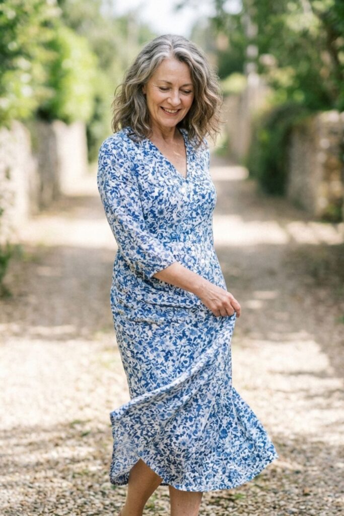 Older woman in a blue floral midi dress walking along a sunlit garden path.