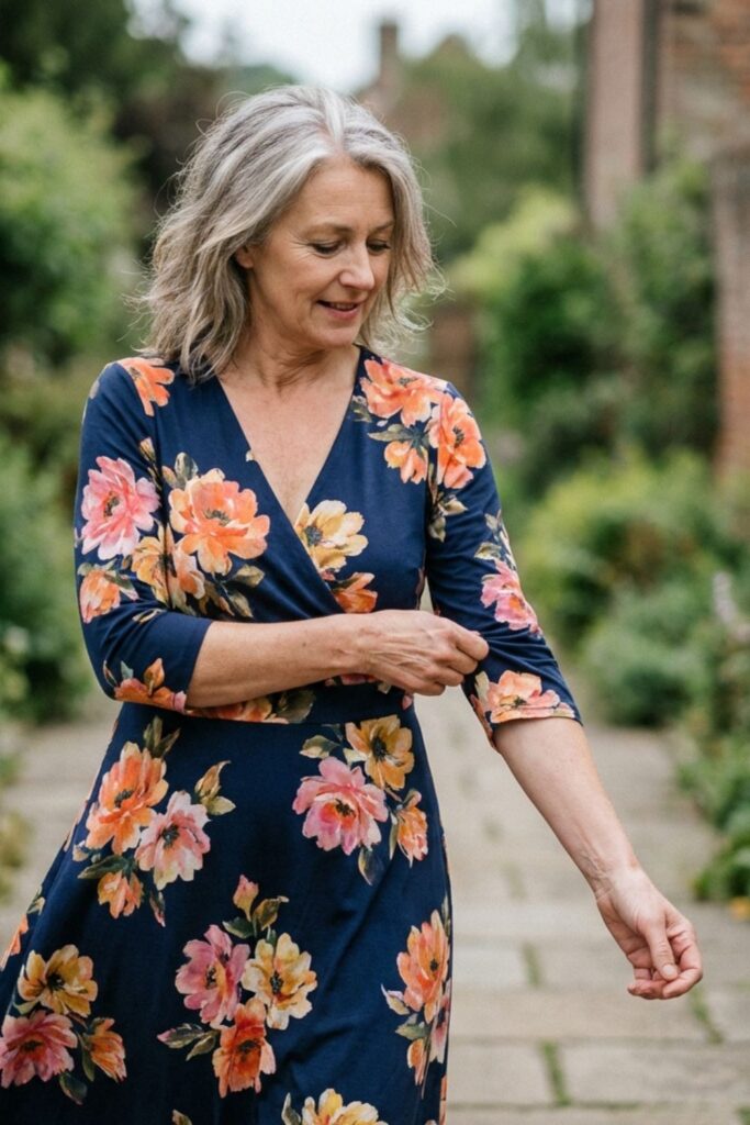 Older woman in a navy floral wrap dress adjusting her sleeve on a quiet village walkway.