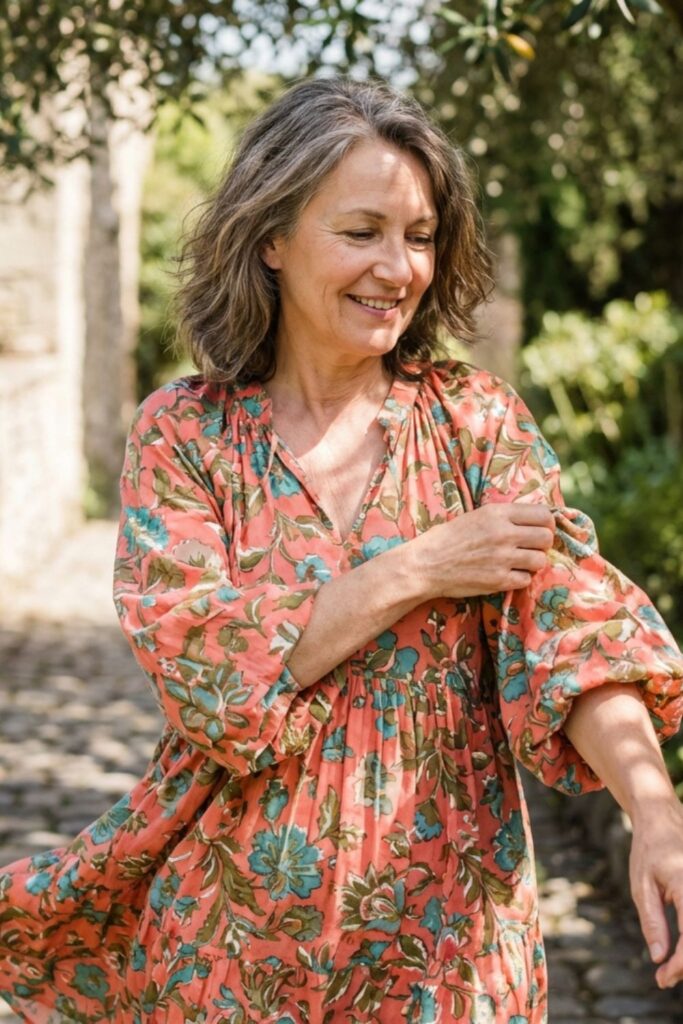 Older woman in a coral floral dress adjusting her sleeve while walking along a garden path.
