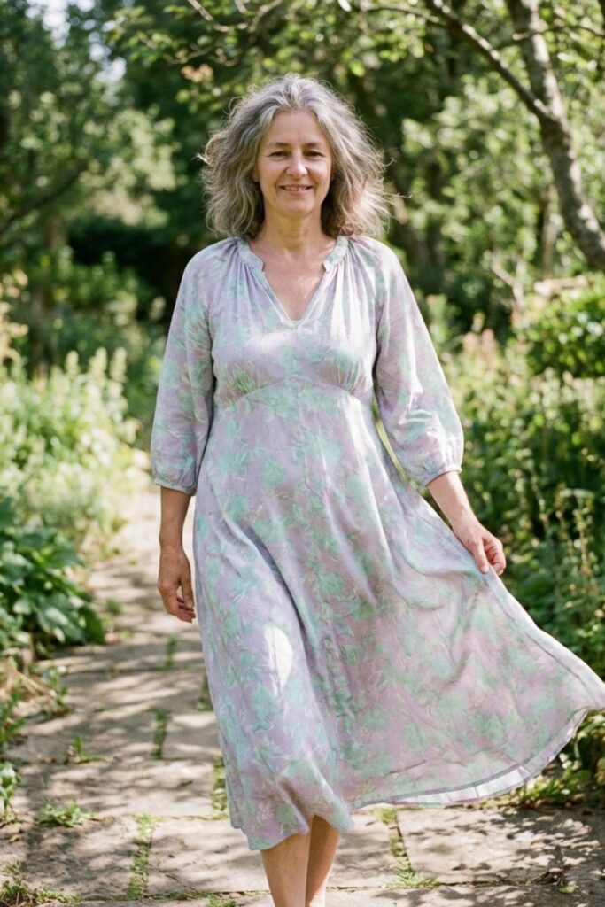 Older woman in a light pastel floral dress walking along a garden path on a bright day.
