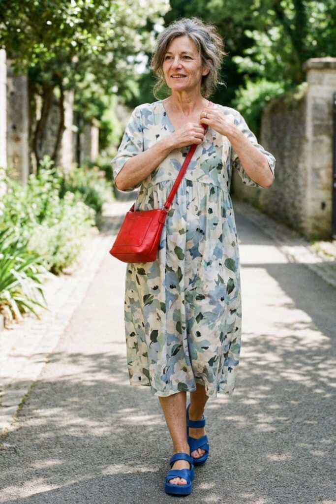Older woman in a soft printed midi dress with a red crossbody bag walking down a sunny lane.
