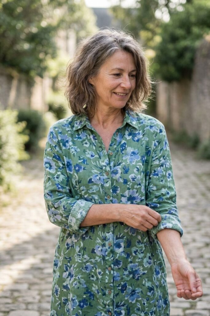 Older woman in a green floral shirt dress adjusting her sleeve while walking outdoors.