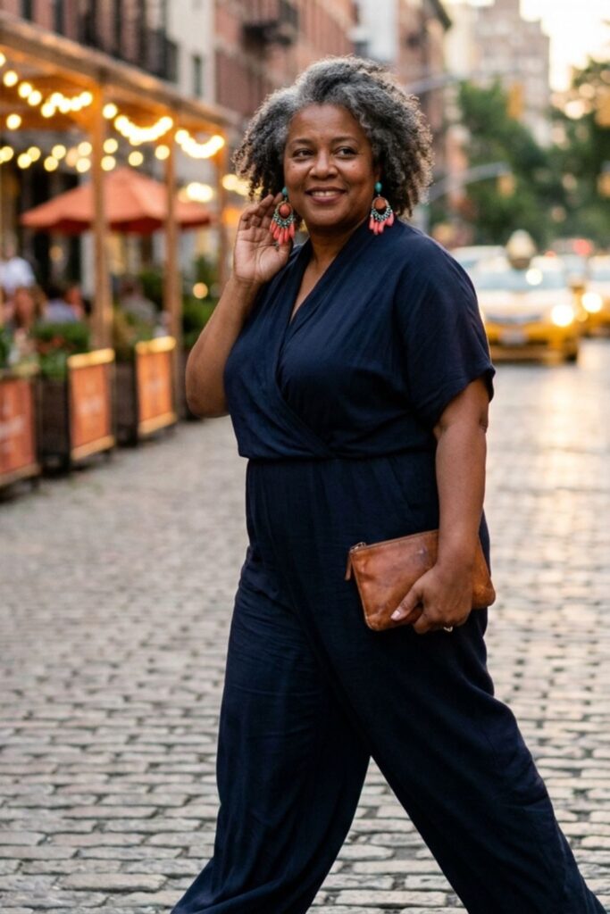Plus size date night outfit with navy jumpsuit, bold earrings, and clutch for evening look
