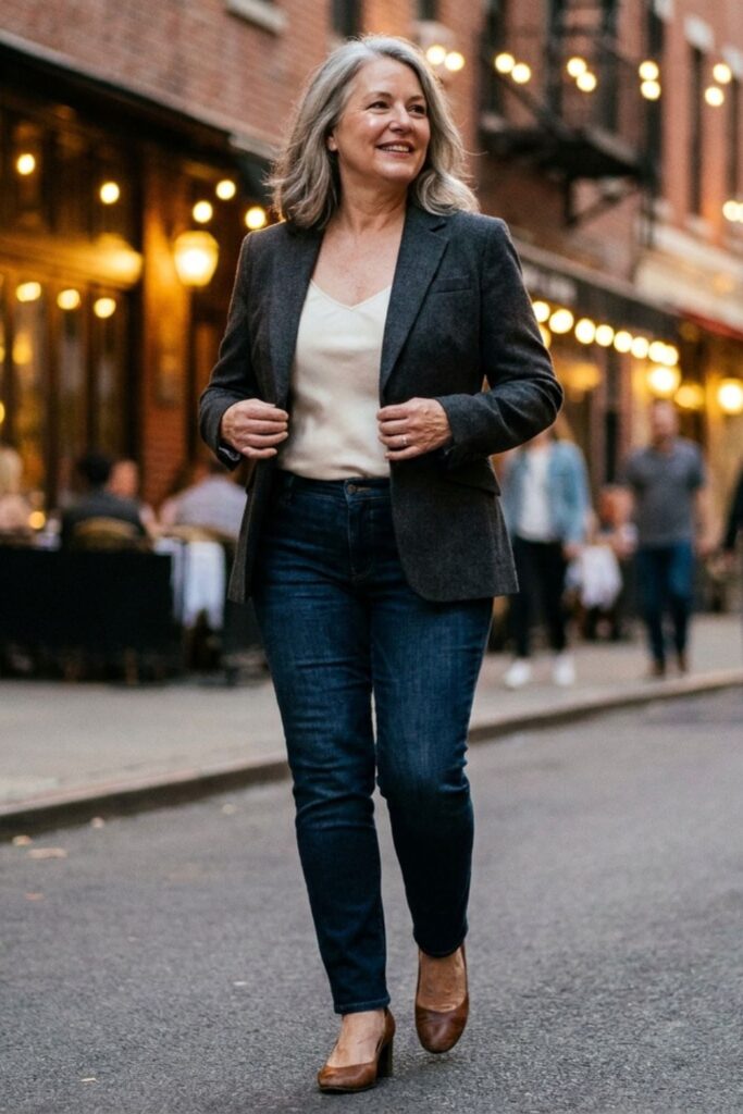 Smart casual date night outfit for women over 50 with blazer, white top, jeans, and heels