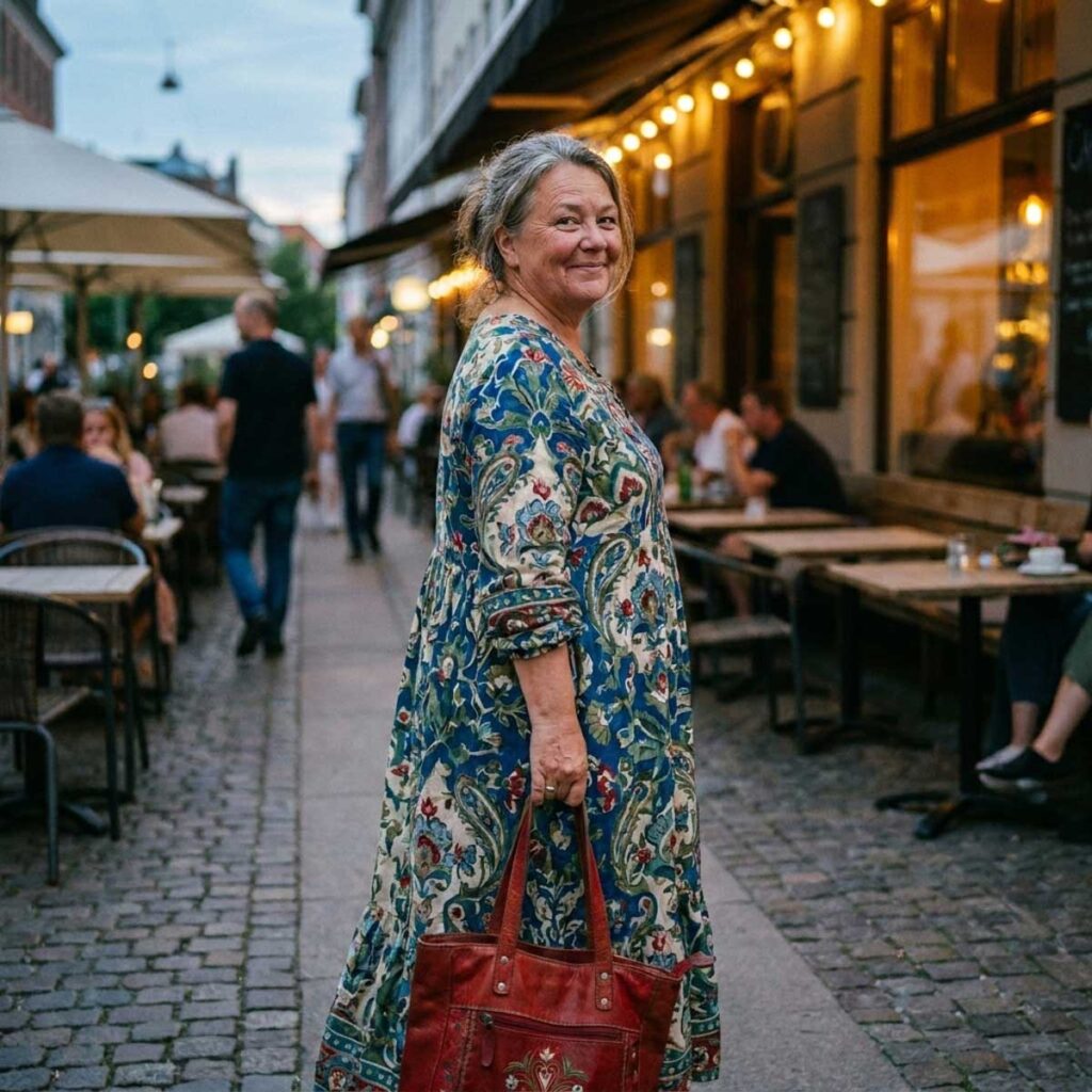 Casual plus size date outfit with patterened maxi dress and statement red tote bag.