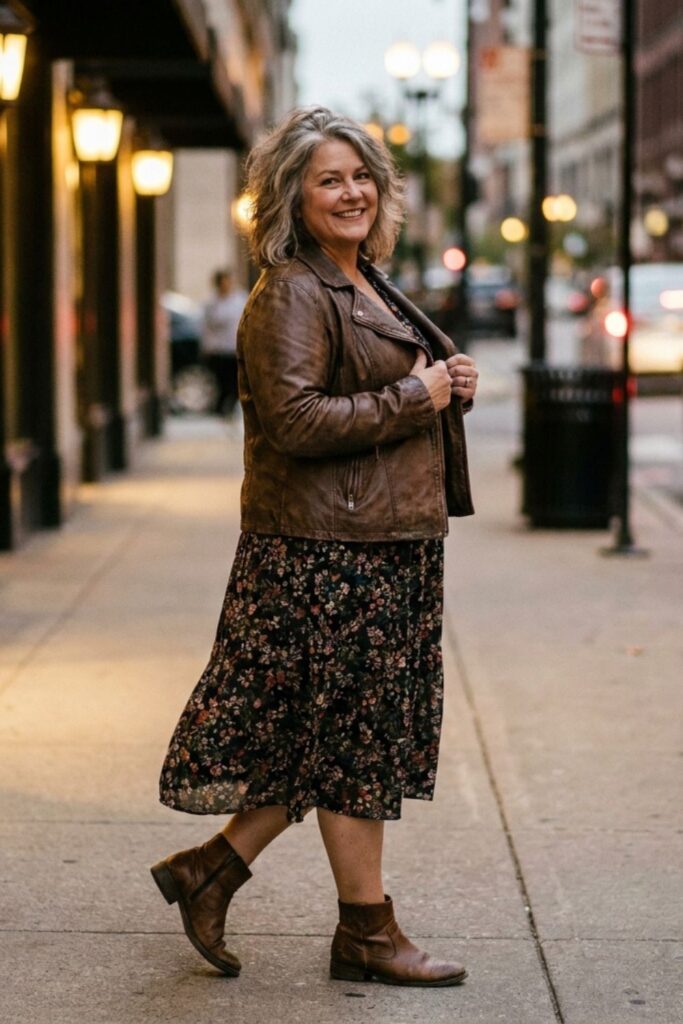 Stylish fall date night outfit for women over 50 with floral dress, leather jacket, and ankle boots