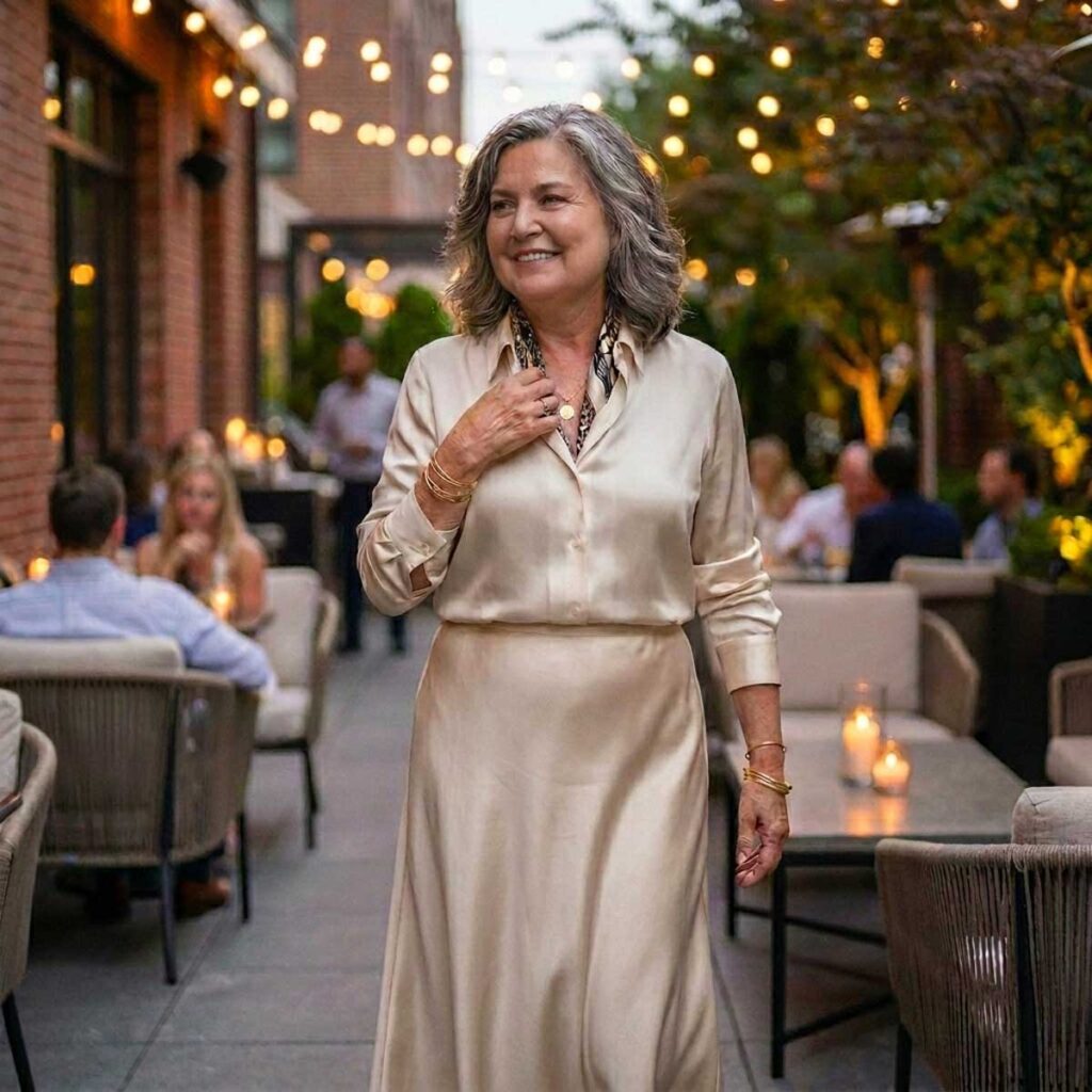 Chic monochrome dinner outfit for women over 50 with beige blouse and matching shirt.