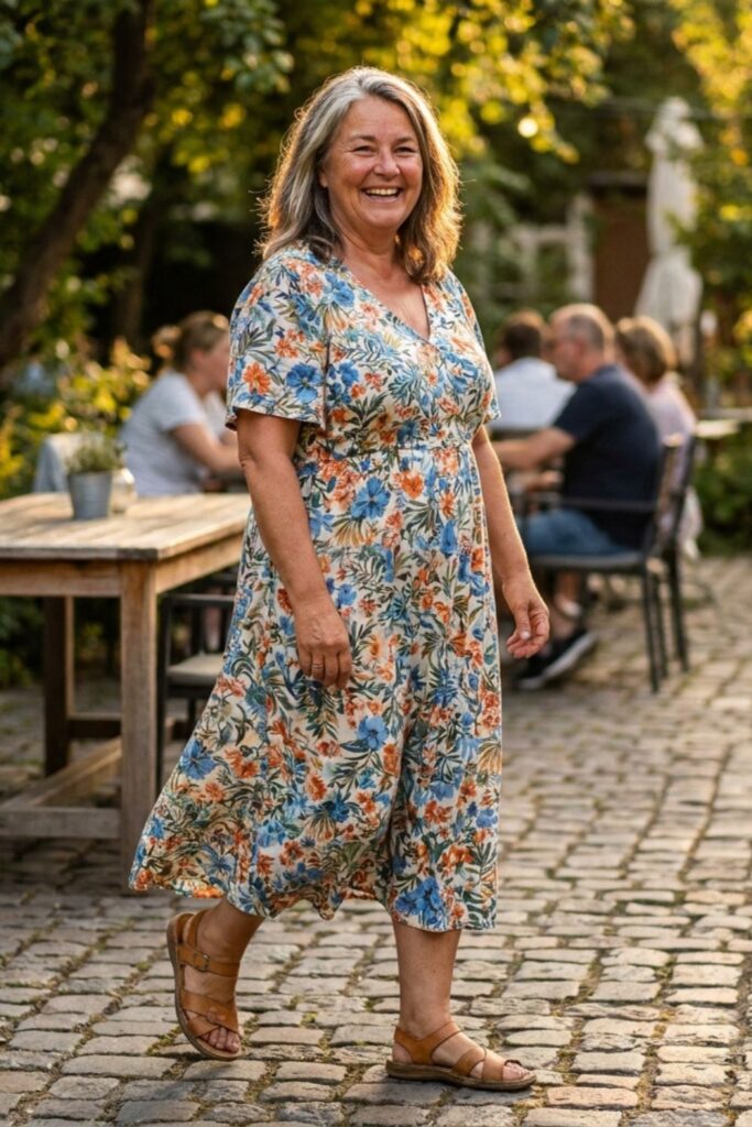 Flattering plus size date night outfit with floral midi dress and comfortable sandals