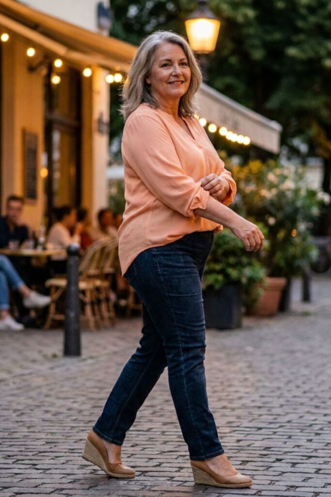 Casual chic date outfit for women over 50 with peach blouse, dark jeans, and wedge heels