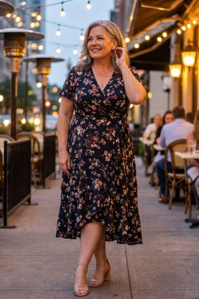 Elegant evening look for women over 50 with black floral wrap dress and nude heels