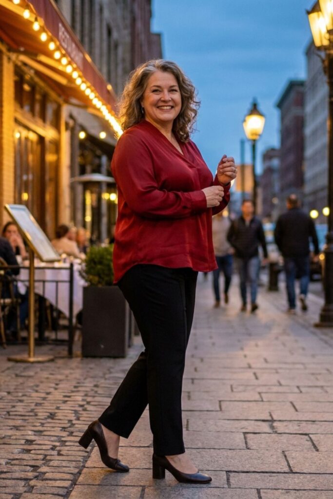 Elegant date night outfit for women over 50 with red blouse, black pants, and heels