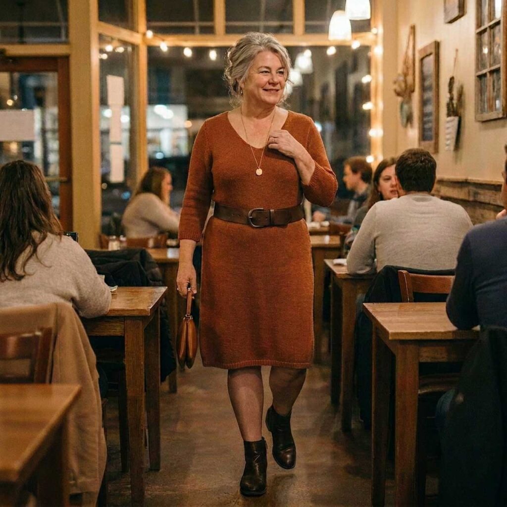 Cozy date night outfit for women over 50 with rust knit dress and ankle boots in a warm restaurant setting.
