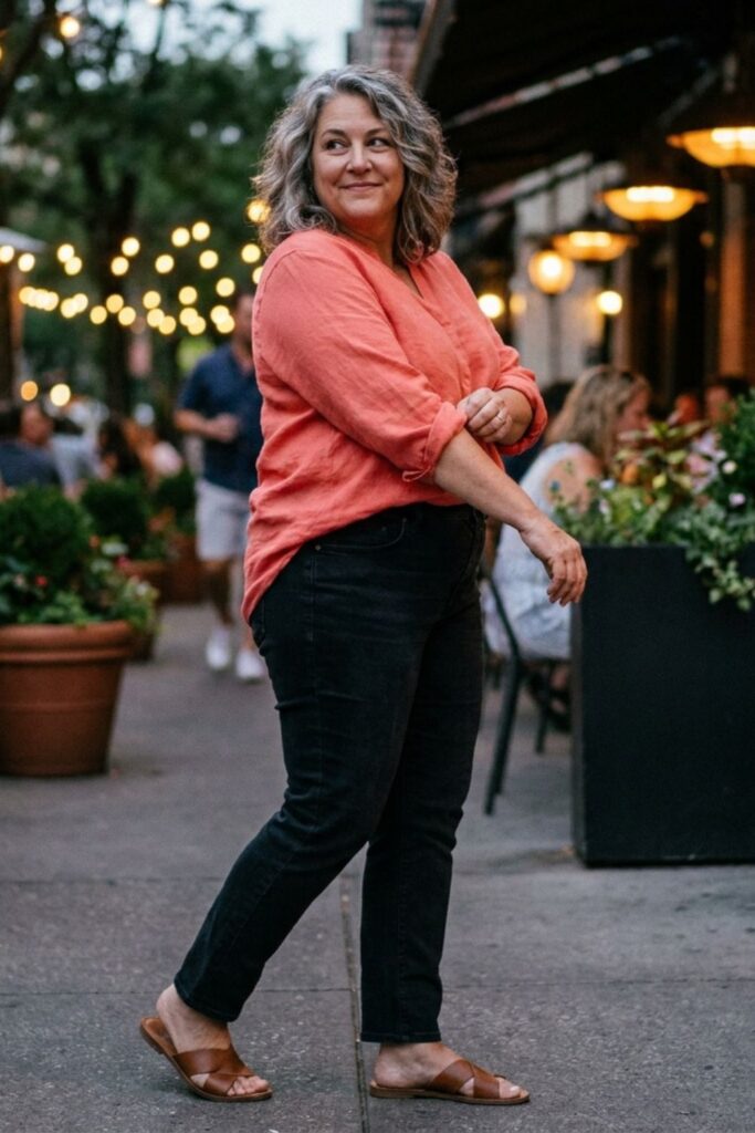 Stylish plus size date night outfit with coral blouse, black jeans, and flat sandals