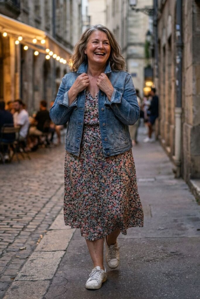 Casual date night outfit for women over 50 with floral dress, denim jacket, and white sneakers