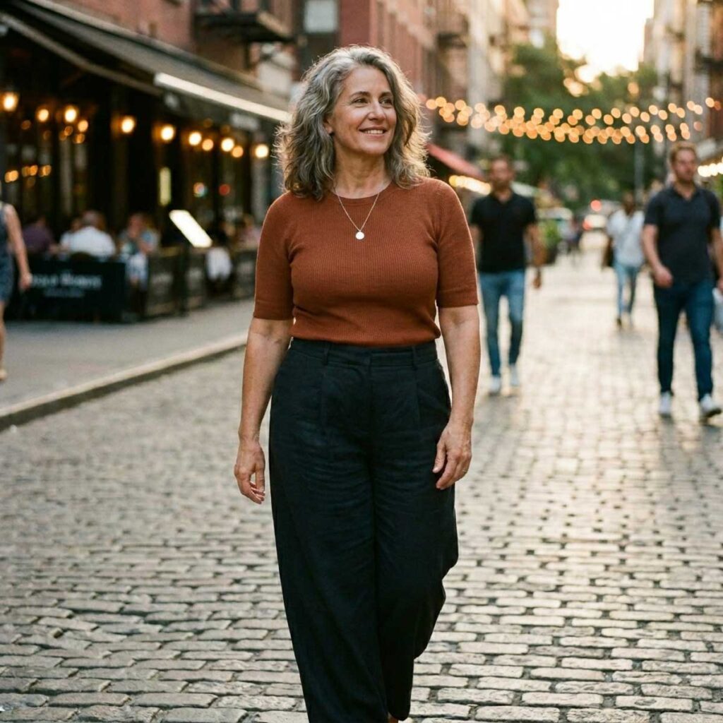 Casual date night outfit for women over 50 with floral dress, denim jacket, and white sneakers.
