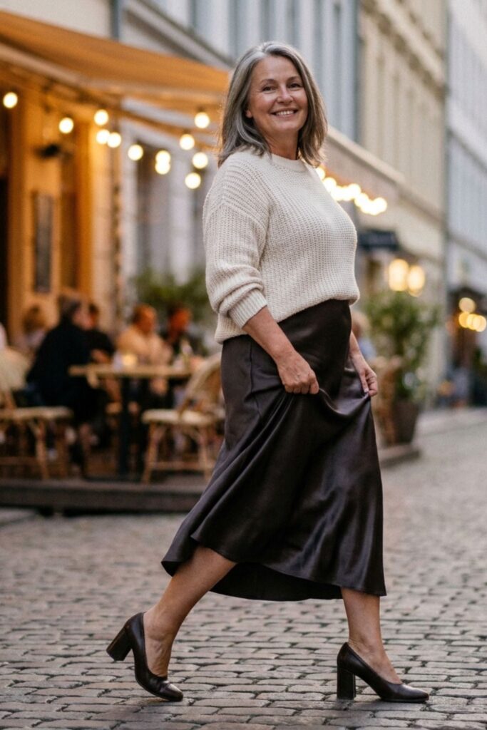 Elegant date night outfit for women over 50 with cream knit sweater, satin midi skirt, and heels