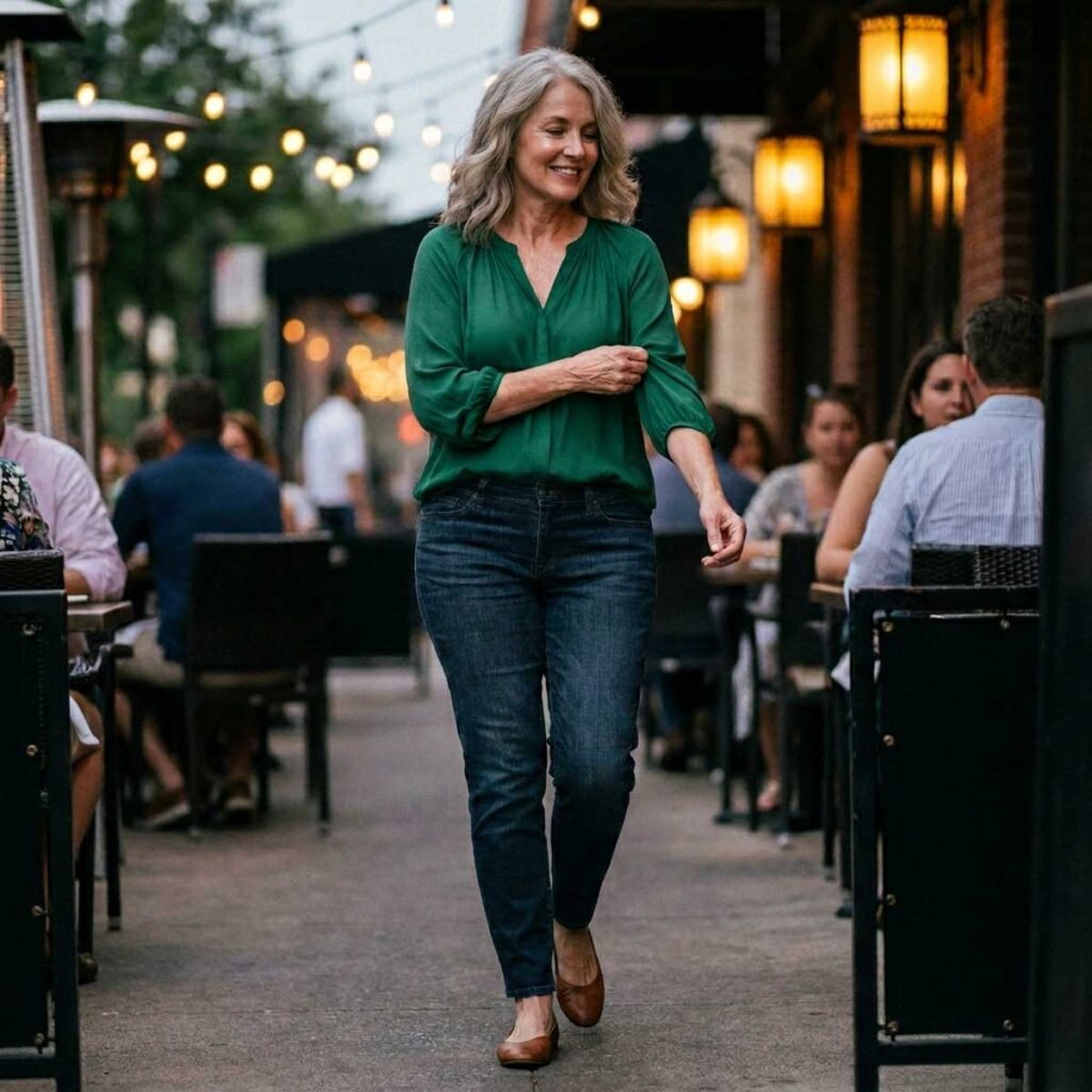 Stylish dinner outfit for women over 50 with emerald blouse, dark jeans, and comfortable flats.