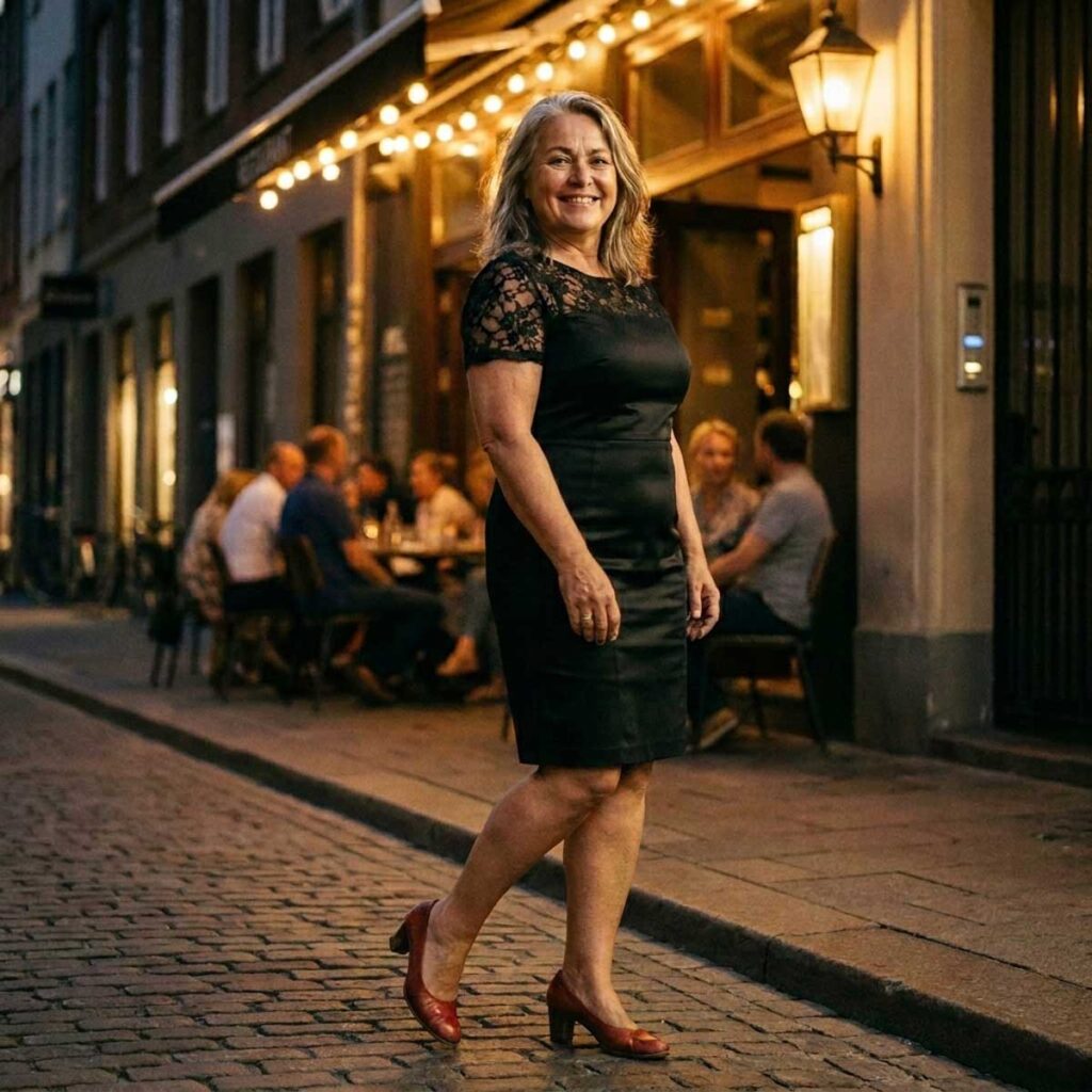 Elegant evening outfit for women over 50 with black dress and red heels.