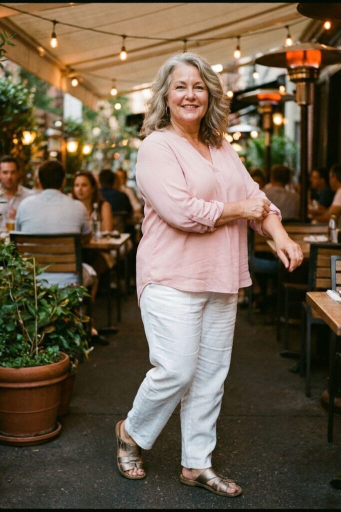 Chic casual date outfit for women over 50 with blush blouse, white pants, and flat sandals
