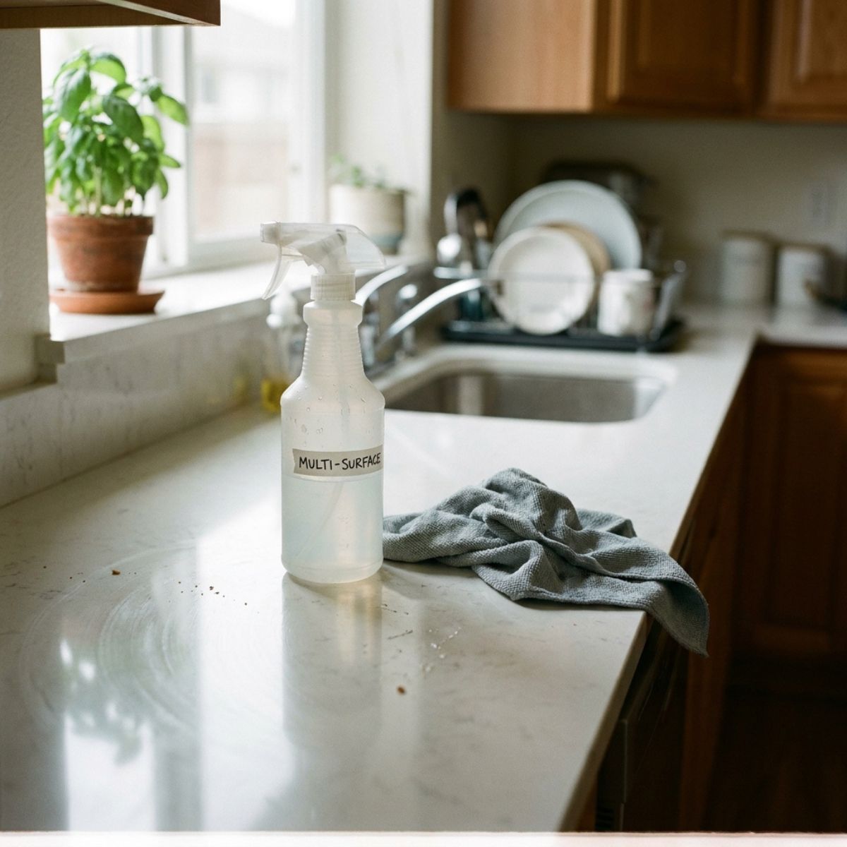 Spray bottle and cloth on kitchen counter